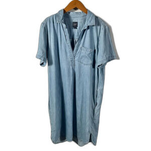 GAP Light Indigo Short Sleeve V-Neck Popover Denim Chambray Dress Size Large